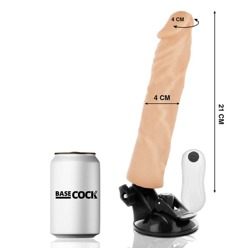 Beige dildo 21 cm long with 4 cm diameter, mounted on a suction base with a separate remote, shown beside a white can labeled BASE COCK.