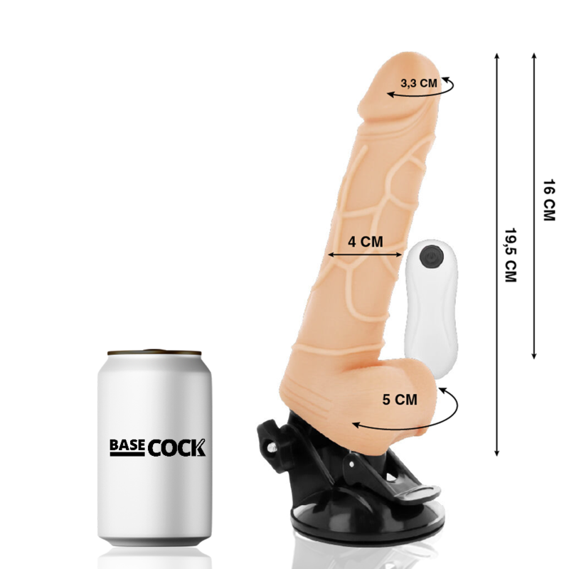 Beige silicone dildo with suction base, showing dimensions (tip 3.3 cm, shaft 4 cm, base 5 cm) and a white remote beside a Base Cock can.