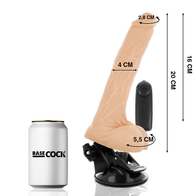 Beige dildo with suction-cup base and remote, shown with scale marks (16 cm tall, 4 cm shaft, 2.8 cm head) beside BASECOCK can.