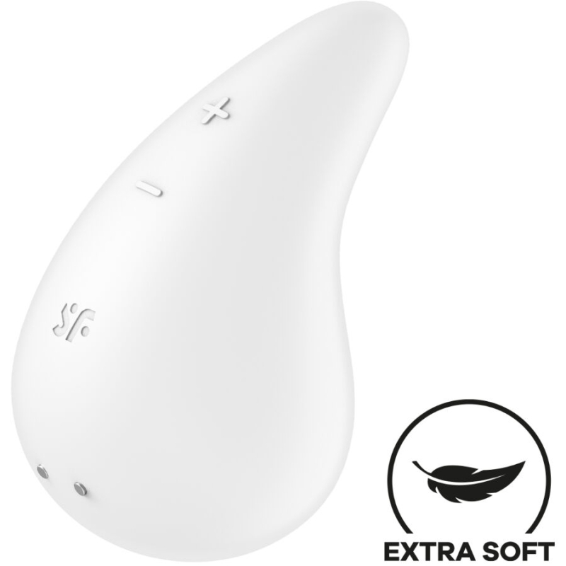 White silicone sex toy with + and - controls, a pear-shaped profile, and an "Extra Soft" logo in the corner.
