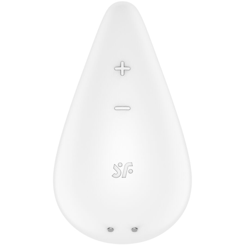 White pear-shaped wireless controller with + and − buttons and two charging contacts at the base.