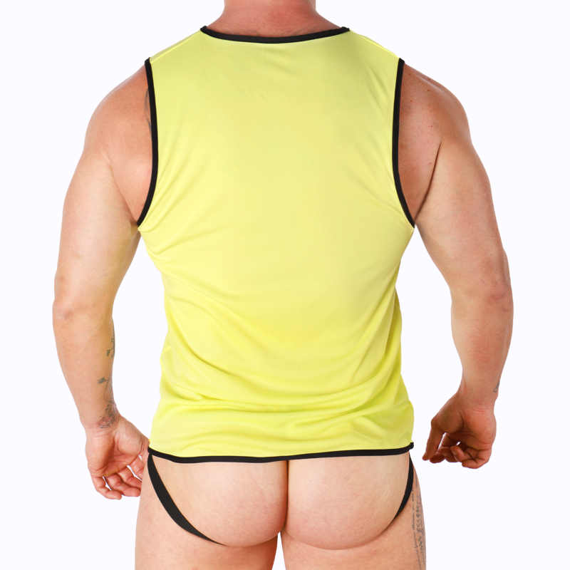 Back view of a muscular man wearing a neon yellow sleeveless shirt with black trim and black-edged thong underwear showing at the bottom.