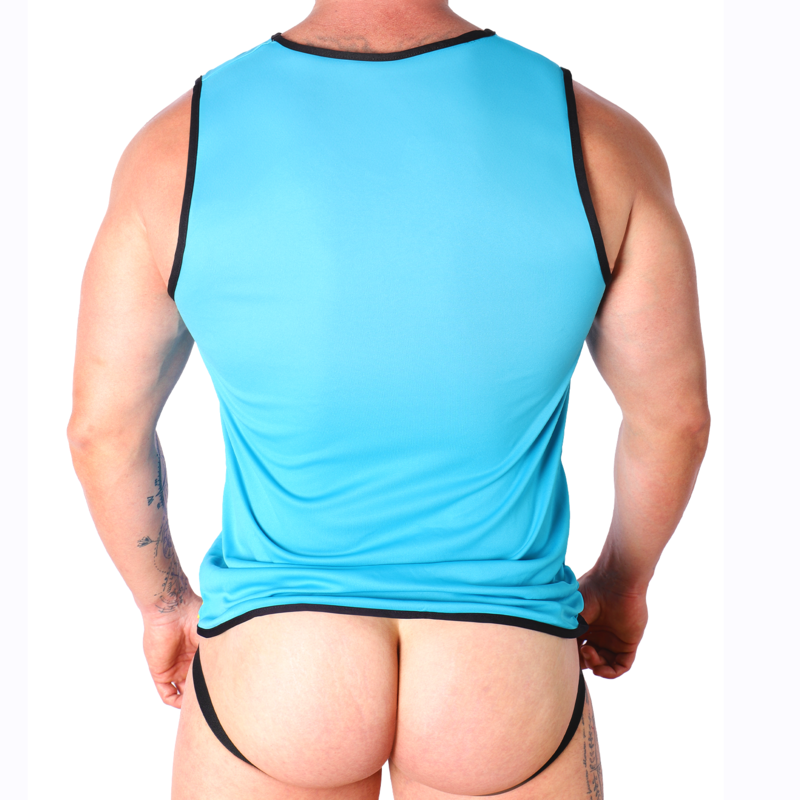 Back view of a muscular man in a bright blue sleeveless shirt and black thong underwear, exposing his buttocks.