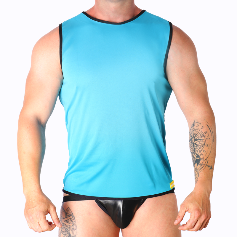 Man wearing a bright blue sleeveless athletic shirt with black trim and black swim briefs; visible tattoos on arms.