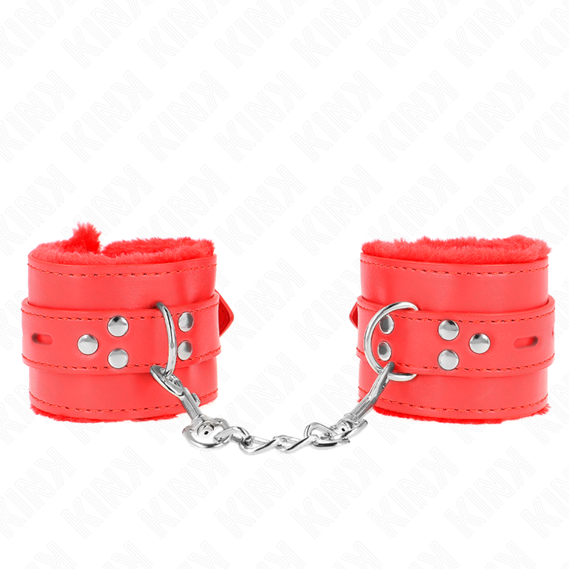 Alternative view of KINK - FUR LINED WRIST RESTRAINTS WITH SQUARE HOLES RED AND RED BELT ADJUSTABLE 17-29 CM X 6 CM