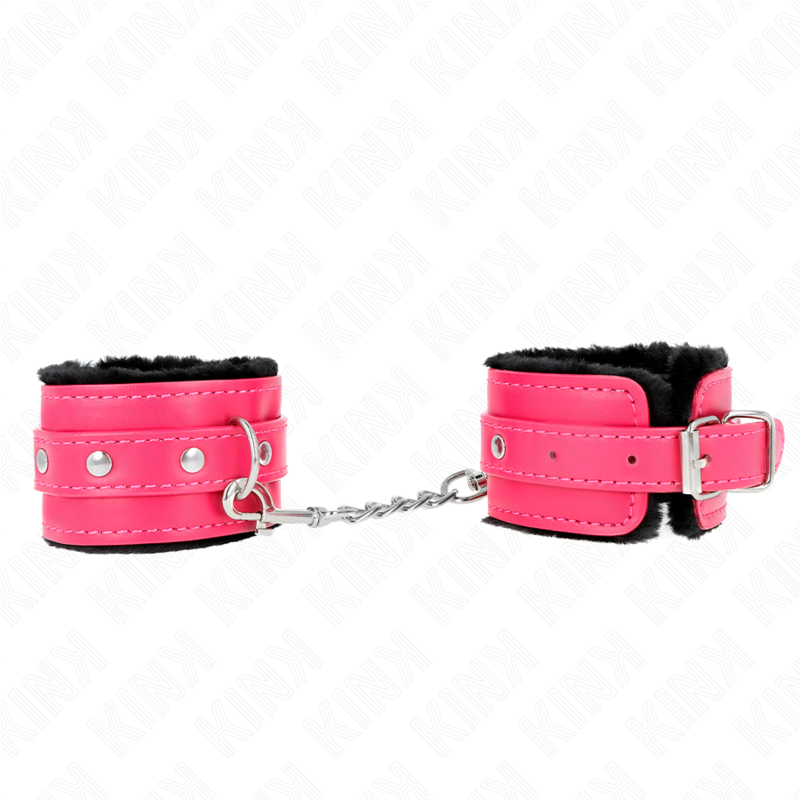 Alternative view of KINK - PREMIUM FUR LINED WRIST RESTRAINTS BLACK WITH RASPBERRY ROSE BELT ADJUSTABLE 17-29 CM X 6 CM