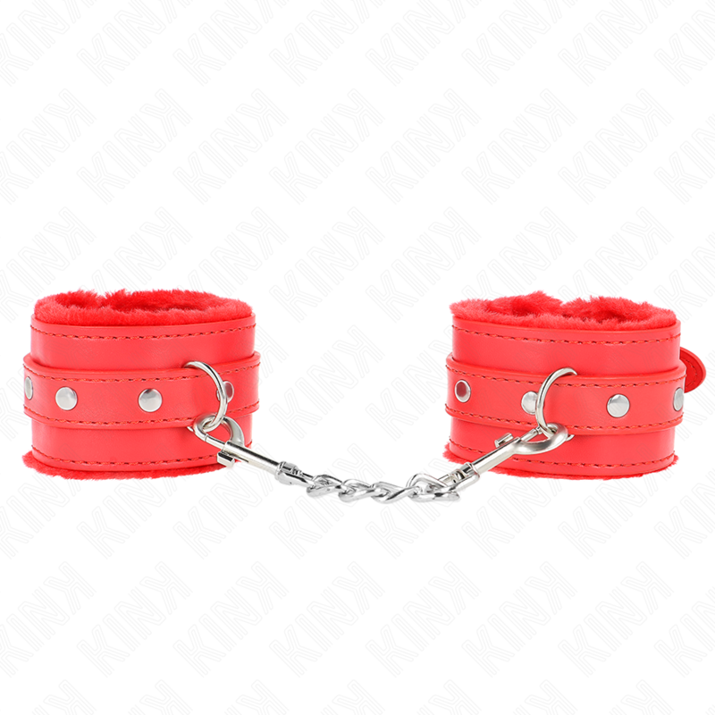 Alternative view of KINK - PREMIUM FUR LINED WRIST RESTRAINTS RED WITH RED BELT ADJUSTABLE 17-29 CM X 6 CM