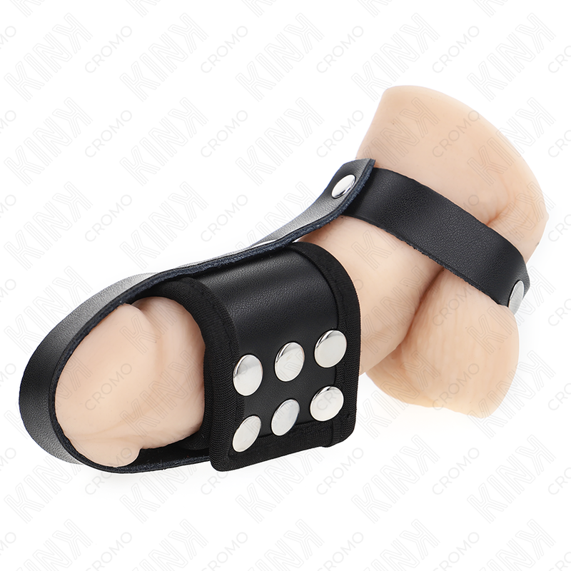 Alternative view of KINK - LEATHER PENIS CAGE RING WITH ADJUSTABLE COATED BALL DIVIDER STRAP