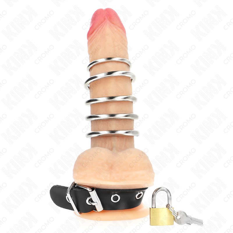 Alternative view of KINK - LEATHER PENIS RING WITH LOCK STRAP 21 X 2 CM AND 5 METAL RINGS FROM 3 CM TO 4 CM