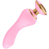 Pink silicone vibrator with a curved shaft and gold-tone base, textured for grip.