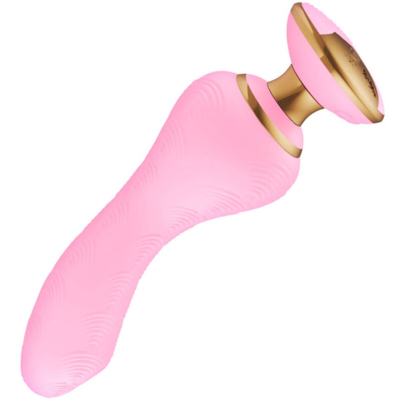Pink silicone vibrator with a curved shaft and gold-tone base, textured for grip.