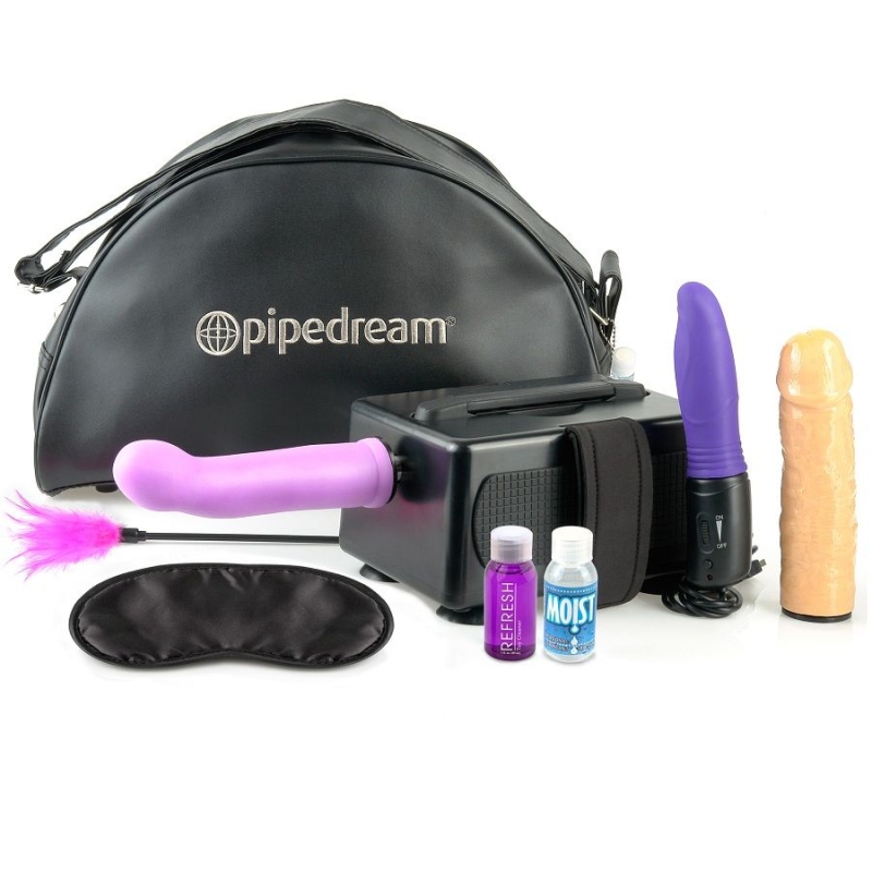 Sex toy kit with a black carrying bag, purple vibrator, dildos, feather wand, blindfold, and small bottles of lubricant.