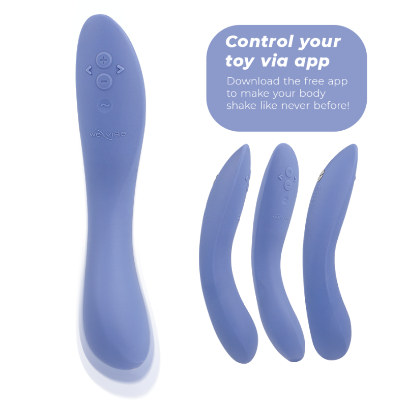 Lavender We-Vibe vibrator shown from multiple angles with control buttons on the handle; promo bubble reads 'Control your toy via app' about app-based control.
