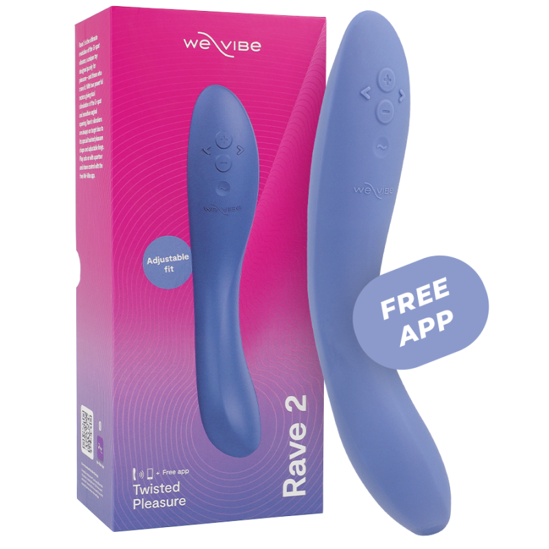 Blue We-Vibe 2 silicone vibrator and matching packaging with 'FREE APP' badge, pink-to-purple gradient box behind it.