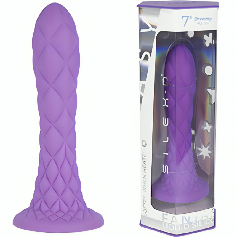 Purple silicone dildo with a quilted texture and flared base, shown beside its retail packaging.