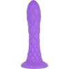 Purple silicone dildo with a textured diamond pattern and flared base, standing upright.