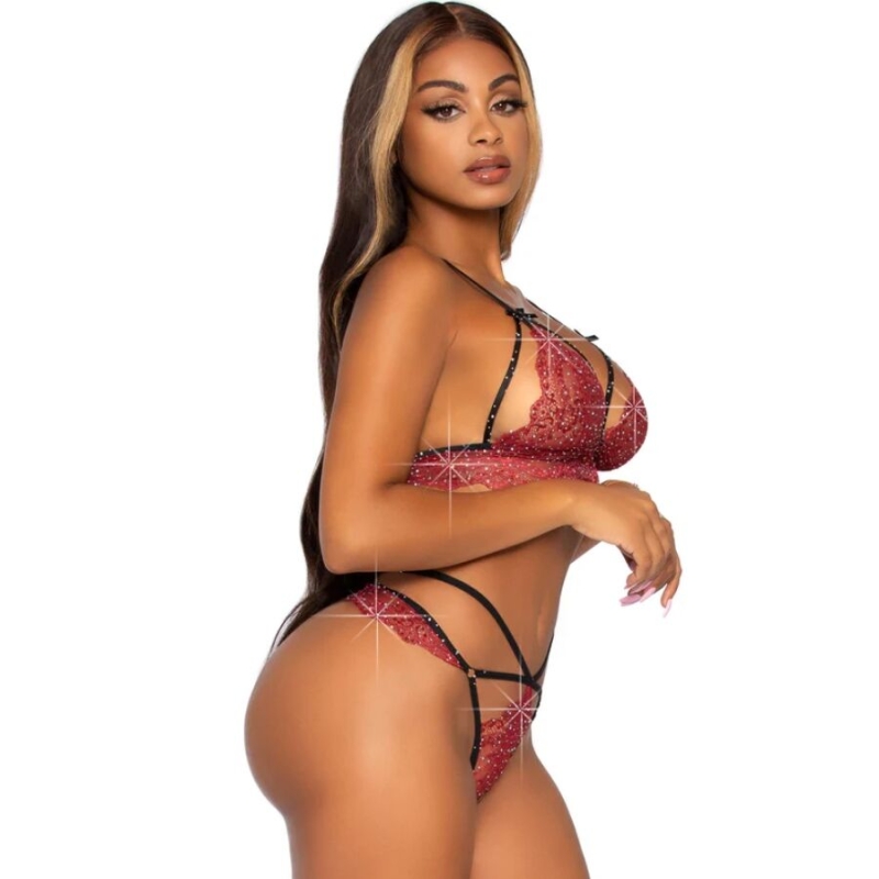 Alternative view of LEG AVENUE - 81623 BRA + THONG SET BURGUNDY SIZE S