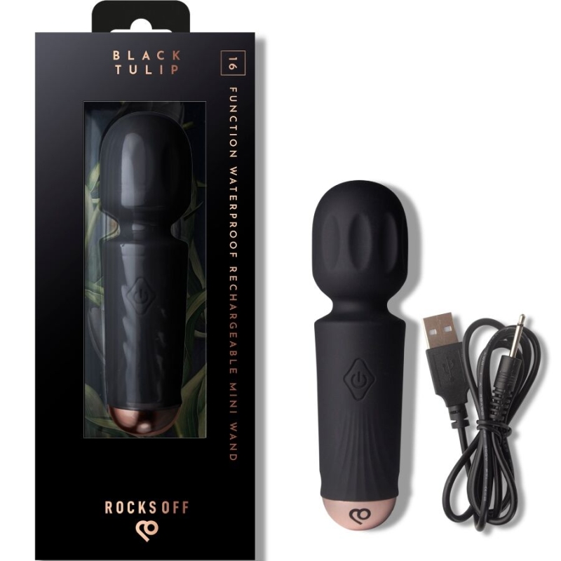 Rechargeable, waterproof mini wand vibrator from Rocks Off (Black Tulip), shown with USB charging cable and black packaging.