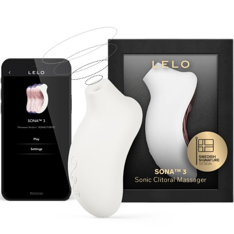 LELO SONA 3 sonic clitoral massager with a white curved silicone body beside its black box and a mobile screen showing the device interface