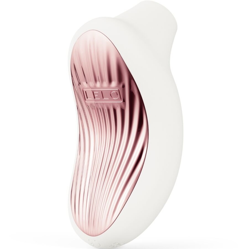 White curved sex toy with a rose-gold ribbed interior, LELO branding visible