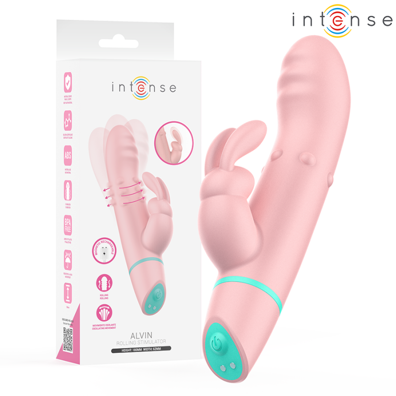 Pink rabbit-style vibrator with teal control pad, shown beside Intense packaging labeled 'Alvin Rolling Stimulator'