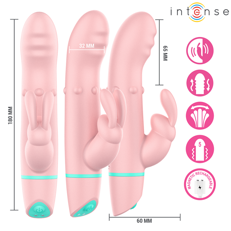 img_218658_eb07db18604cf06f420aeb5d5ee84b03_1png - Sex Shop | Lodia.gr - 100% Διακριτική Και Παράδοση με courier της επιλογή σας Pink rabbit-style vibrator with turquoise controls, shown from three angles; labeled dimensions (180 mm long, 60 mm wide) for dual stimulation and rechargeability