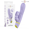 Purple thrusting vibrator and its white packaging labeled 'intense', shown beside the box as a sexual wellness product.