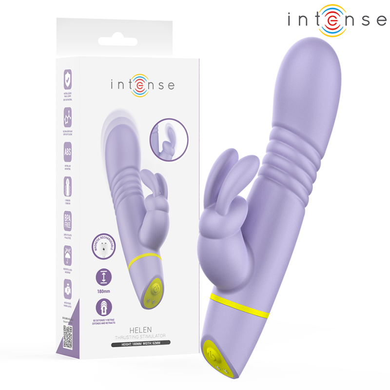 Purple thrusting vibrator and its white packaging labeled 'intense', shown beside the box as a sexual wellness product.