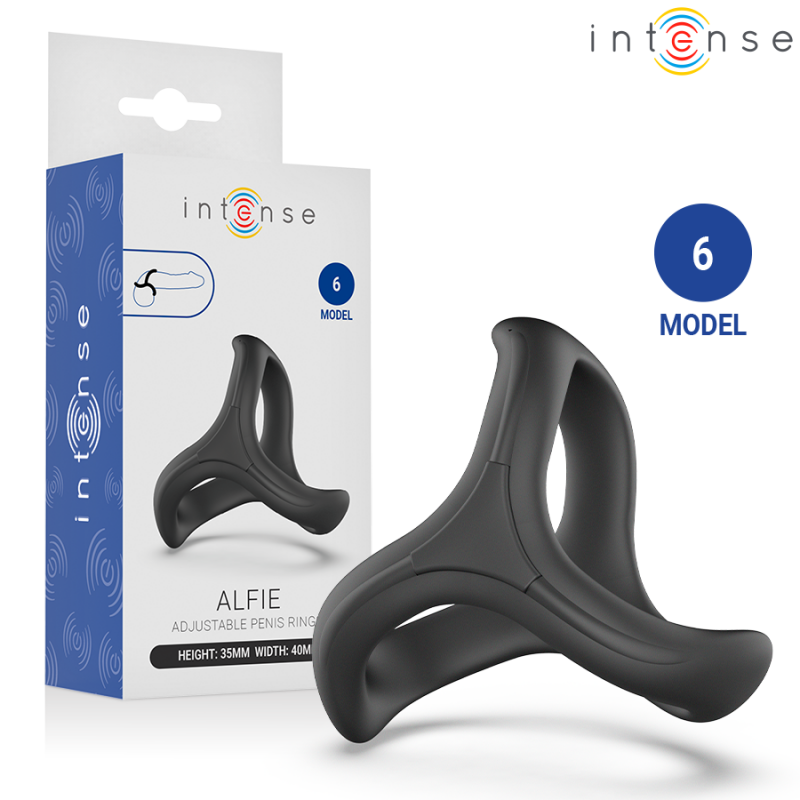 Black Alfie adjustable penis ring beside its white and blue packaging, which shows the brand 'intense', 'ALFIE', and '6 MODEL'.
