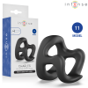 Black silicone adjustable penis ring placed in front of a white Intense packaging box labeled Charles, model 11, with dimensions 35mm by 40mm.