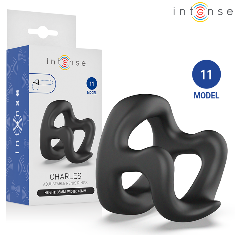Black silicone adjustable penis ring placed in front of a white Intense packaging box labeled Charles, model 11, with dimensions 35mm by 40mm.