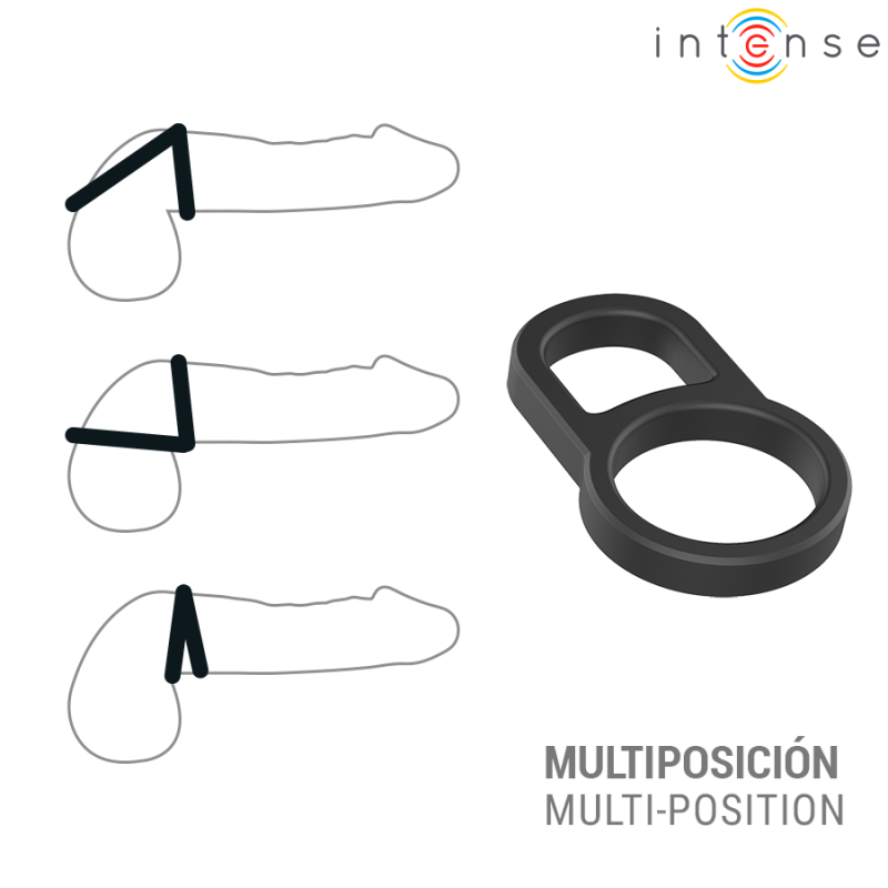 Three schematic outlines of a penis showing different positions for a wearable device, with a black dual-ring accessory pictured to the right and the caption 'MULTIPOSICIÓN / MULTI-POSITION'