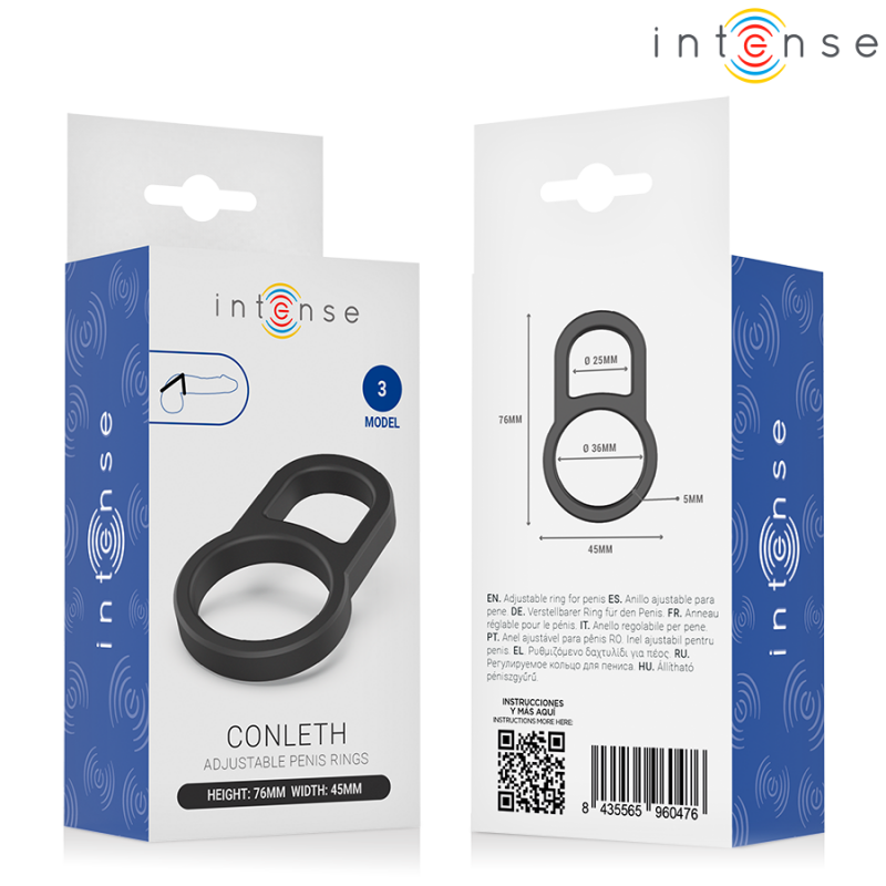 Intense Conleth adjustable penis rings packaging, front and back views showing dimensions and product image.