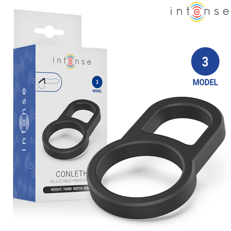 Black silicone adjustable penis ring with its white packaging labeled 'Intense' and a blue 'Model 3' badge, showing the product and box from an angled view.