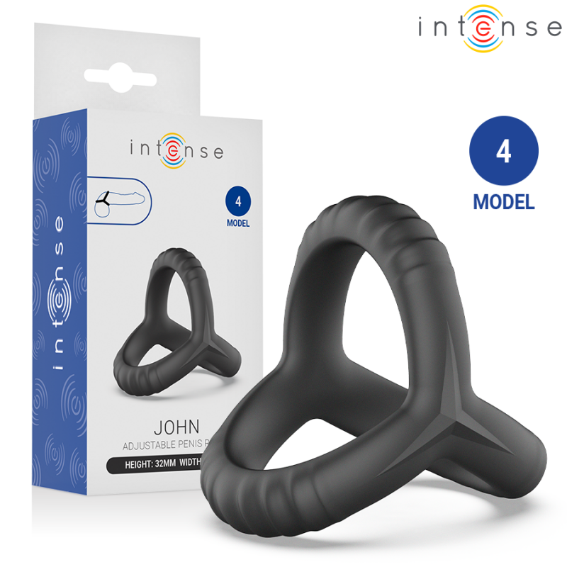 Black adjustable penis ring (model 4) shown with its white and blue packaging.