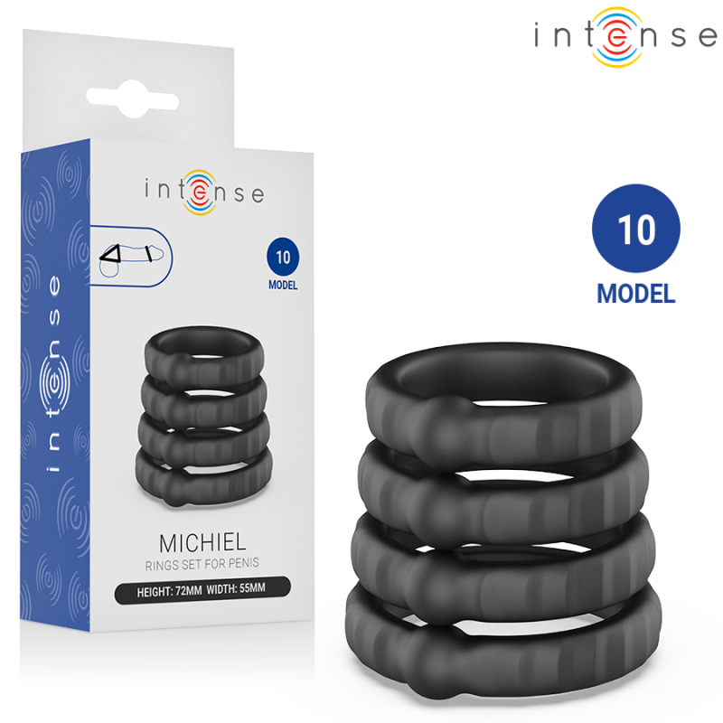 Intense brand penis ring set (Model 10) next to its white packaging with the logo, showing stacked black rings and size badge nearby.