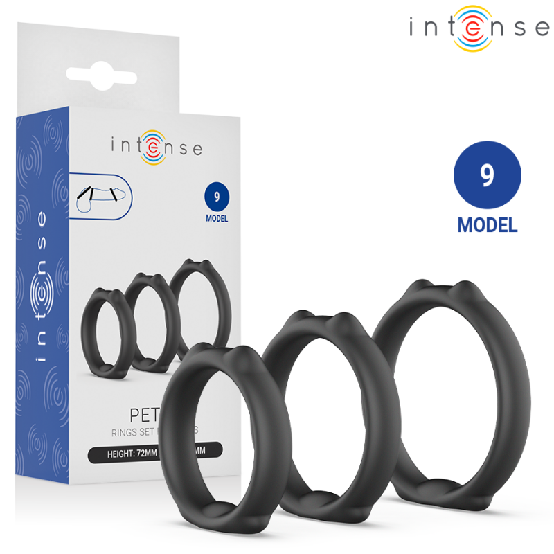 Intense brand packaging for a set of four black silicone rings, with a blue '9 MODEL' badge and logo visible on the box edge and background logo.