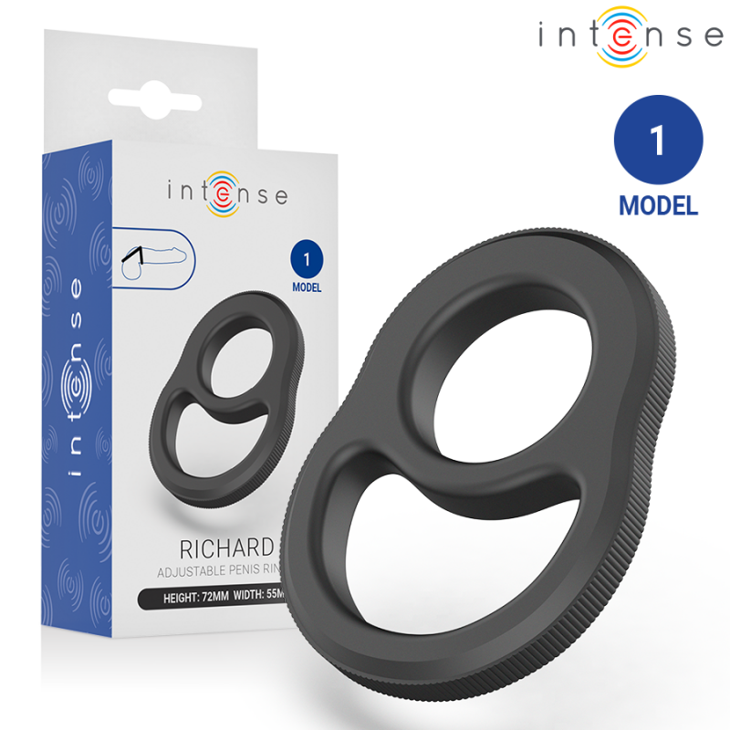 Intense Richard Model 1 adjustable penis ring shown with its packaging and blue side panel box in the background.