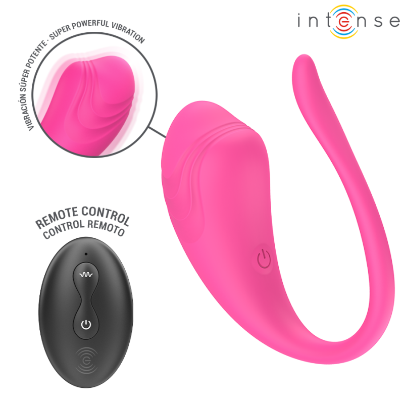 img_221423_ecc0fccb420e9dd213f61c7e391b1275_1png - Sex Shop | Lodia.gr - 100% Διακριτική Και Παράδοση με courier της επιλογή σας Pink wireless vibrator with curved shaft and a separate black remote control; inset highlights the textured vibrating head and the Intense brand logo.