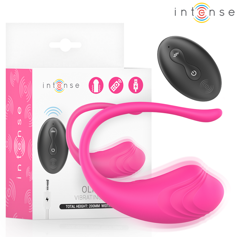 Pink dual vibrating silicone sex toy with remote control, shown with its Intense packaging and USB charger on a white box.