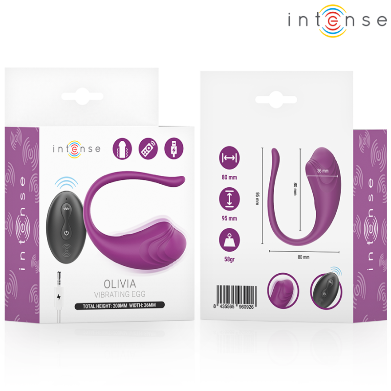 img_221440_7113cbc89f47981cb3ae7b995e29b293_1png - Sex Shop | Lodia.gr - 100% Διακριτική Και Παράδοση με courier της επιλογή σας Boxed sex toy: purple vibrating egg with remote, labeled 'Olivia Vibrating Egg' on packaging, Intense branding visible on the box and side panels.