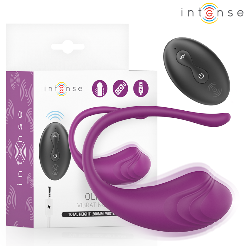 Purple wireless vibrating sex toy with remote, shown with its white packaging and brand logo 'intense' at top right.
