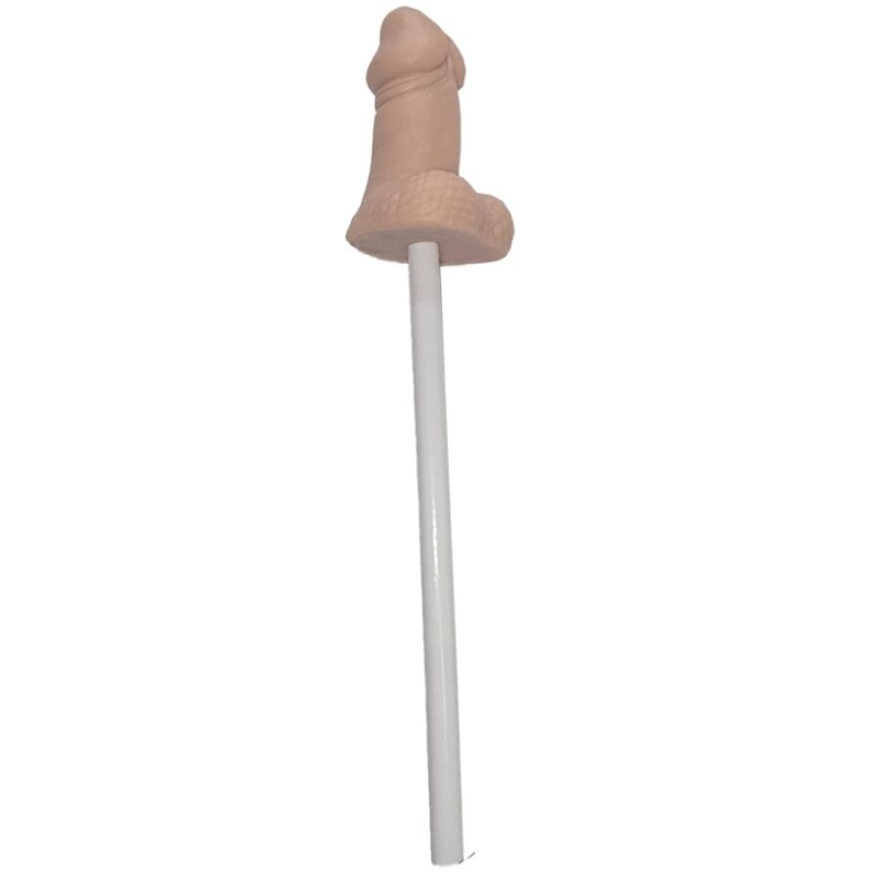 Pink silicone dildo mounted on a white display rod.