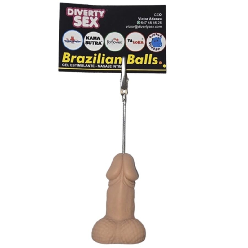 Phallic sex toy with a textured, ribbed base and a tag reading 'Brazilian Balls' attached to a clip.