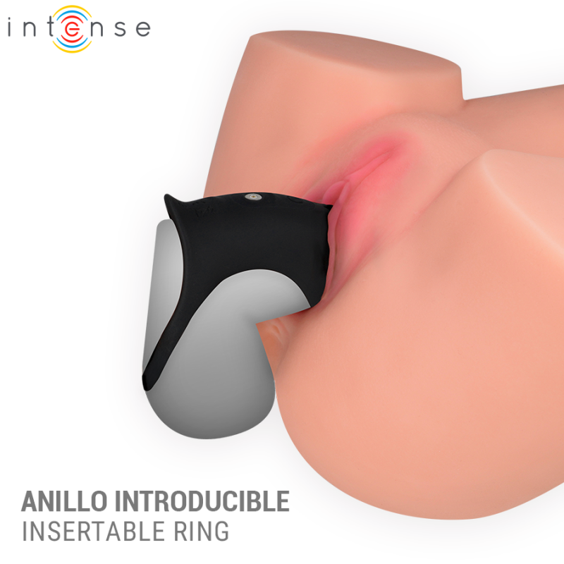 Product image of a black insertable ring placed at the base of a penis model, with the brand 'intense' logo in the corner and the text 'ANILLO INTRODUCIBLE INSERTABLE RING' visible on the image.