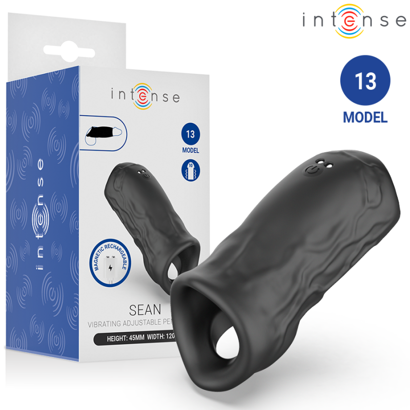 Vibrating adjustable penis sleeve (model 13) from Intense, shown with its white and blue packaging.