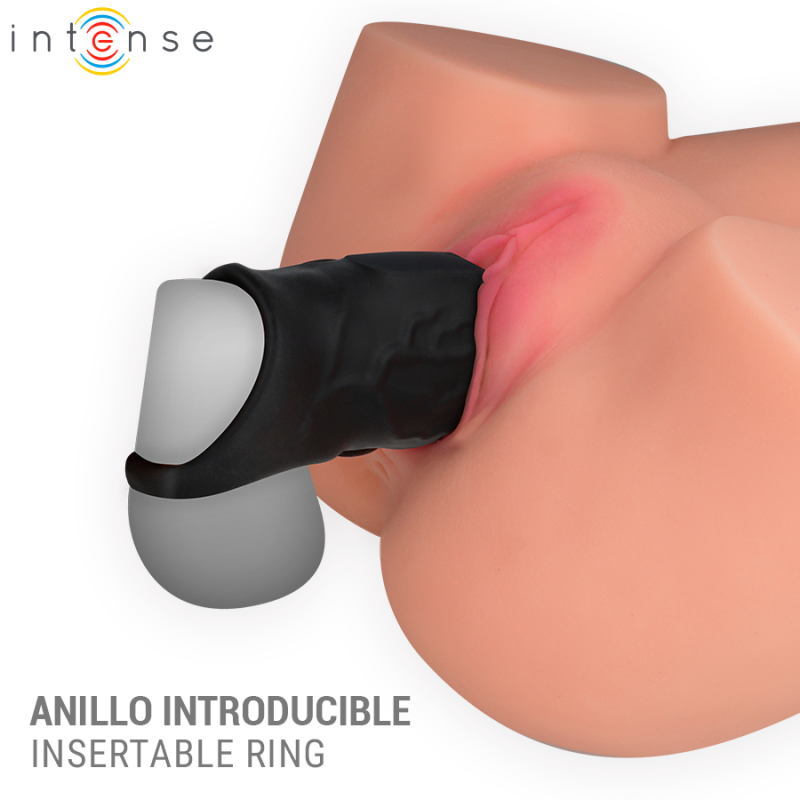 Insertable black silicone ring with gray bead accents worn around a penis; product name 'Anillo Introducible Insertable Ring' shown.