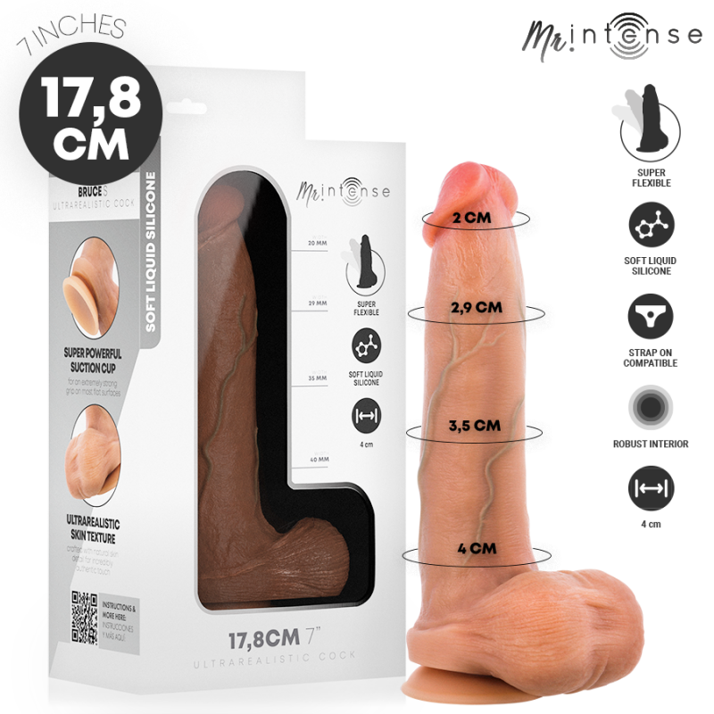 Ultrarealistic silicone dildo next to its white packaging, showing measurement rings from 2 cm to 4 cm and 17.8 cm length.