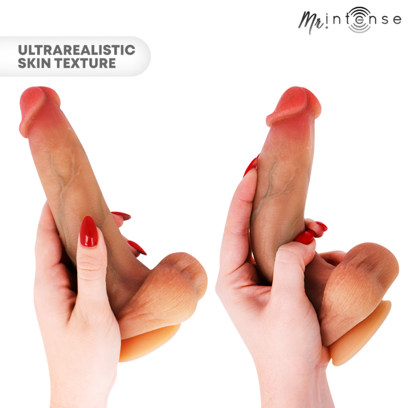Two hands hold a lifelike silicone dildo with realistic skin texture; promo text 'ULTRAREALISTIC SKIN TEXTURE' on the left and a brand logo on the top right.