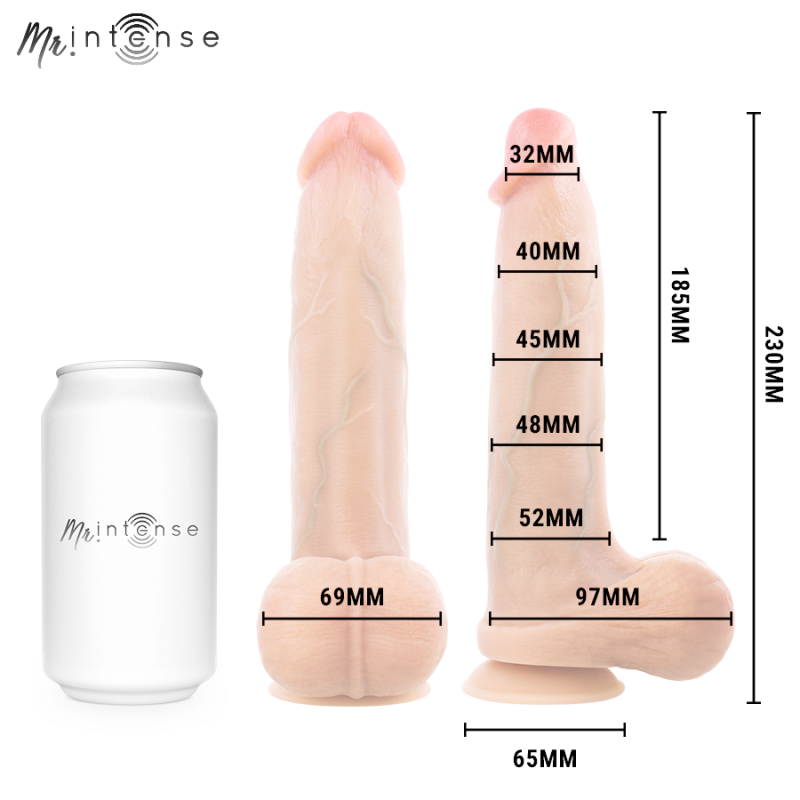 img_221596_089fe9cbe6b7f551e5b3feeab498edd6_1png - Sex Shop | Lodia.gr - 100% Διακριτική Και Παράδοση με courier της επιλογή σας Product image of two beige silicone dildos with size measurements and a white can for scale; MrIntense logo at top left.